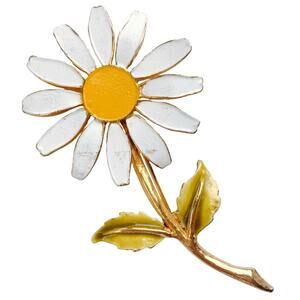 Vintage Signed Accessocraft NYC Enamel Daisy Flower Brooch 1960s Gold Tone